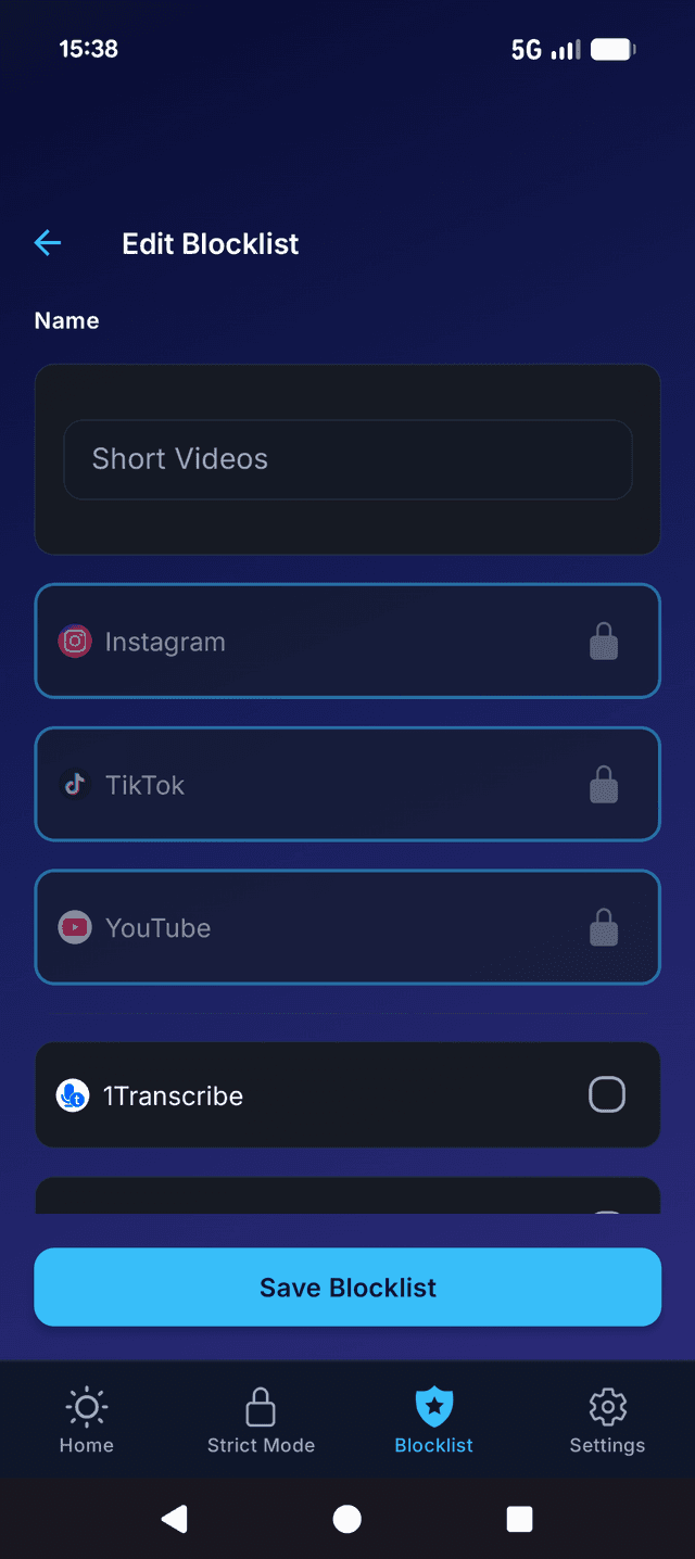 TiedSiren blocklist screen showing selected apps to block