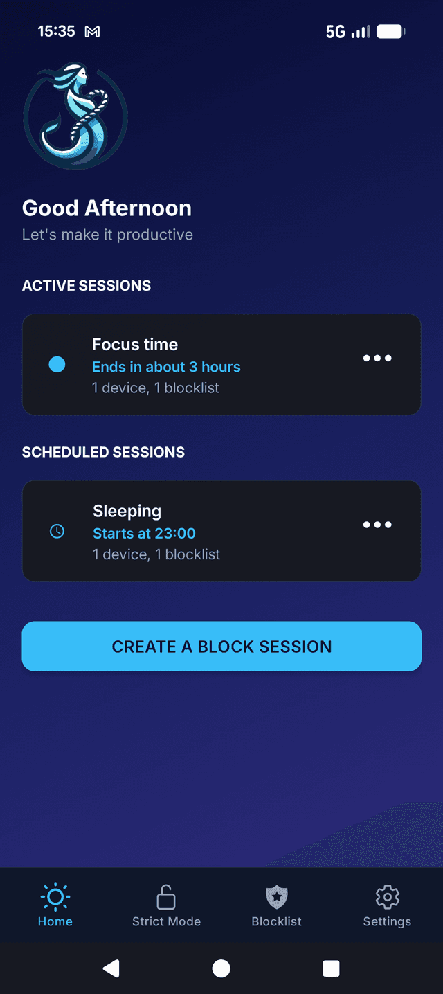 TiedSiren dashboard showing active and scheduled blocking sessions