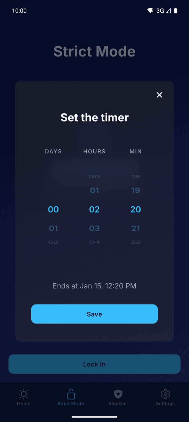 TiedSiren timer picker choosing the duration of a focus session
