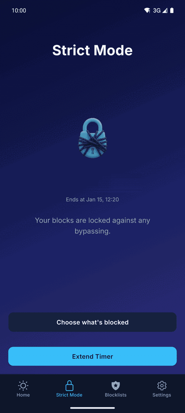 TiedSiren Strict Mode screen with padlock and countdown timer