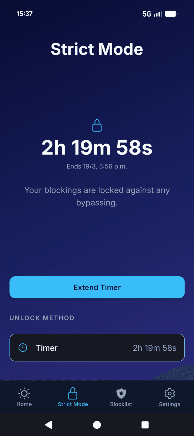 TiedSiren Strict Mode screen with padlock and countdown timer
